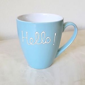 Beautiful NWT glossy baby blue & white hello porcelain ceramic coffee cup